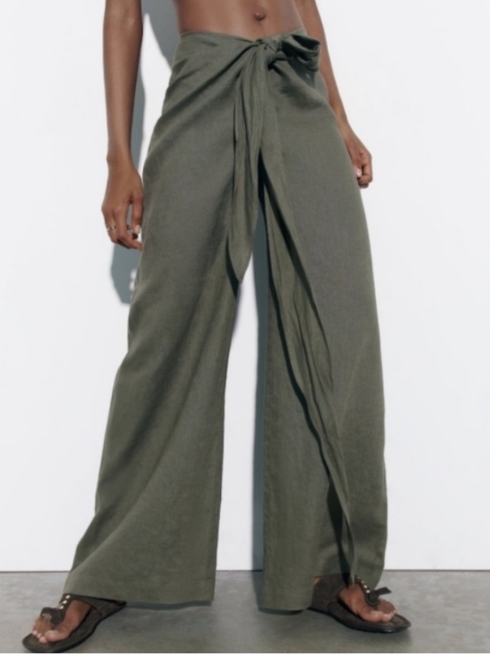 Zara Olive Green Linen Pareo Wide-Leg Pants
